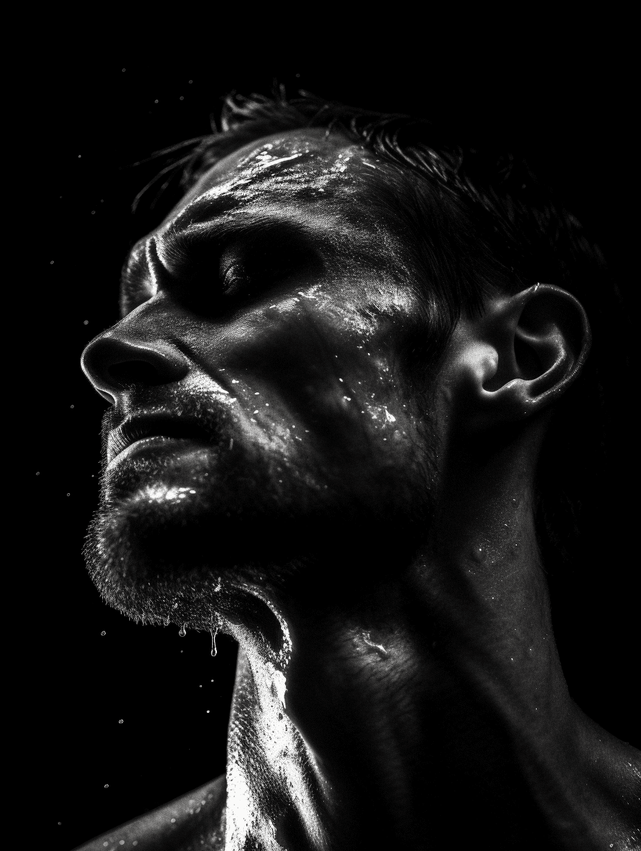 AI generated: Chiaroscuro masculine man, black and white photography, intense interplay of light and shadow, wet, ...