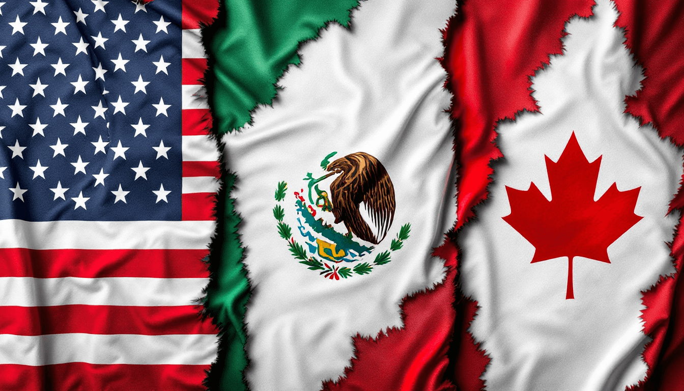 AI generated: Artwork of an American flag, Mexican flag, Canadian flag lined up side-by-side, melded together at t...
