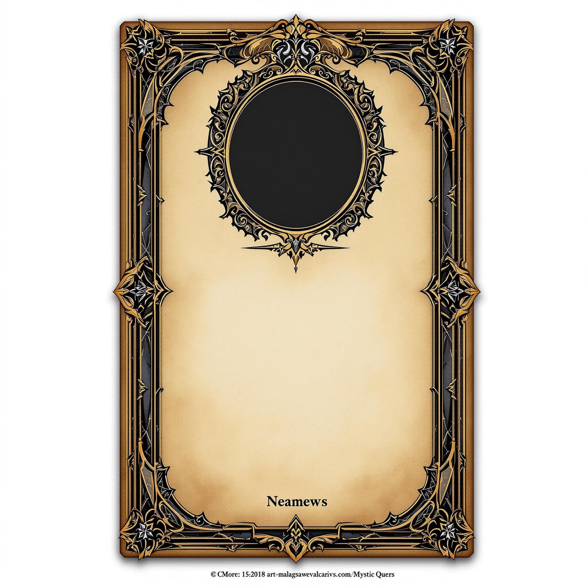 AI generated: "Create a concept art for a character card template for the board game 'Mystic Quest' in the style s...
