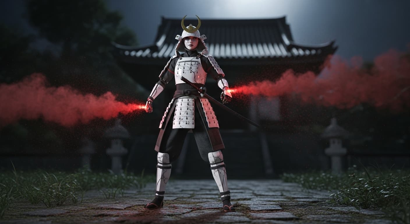 AI generated:  A moody, cinematic wide-angle shot of a female android samurai under cold moonlight. Her white porc...