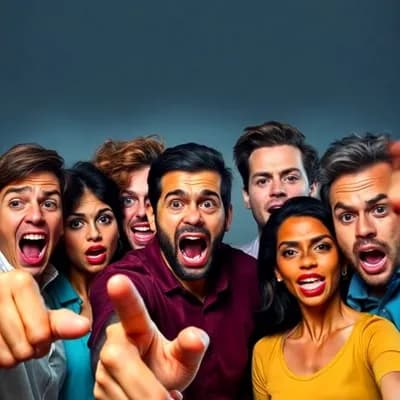 AI generated video: Crowd point and screaming, worried 