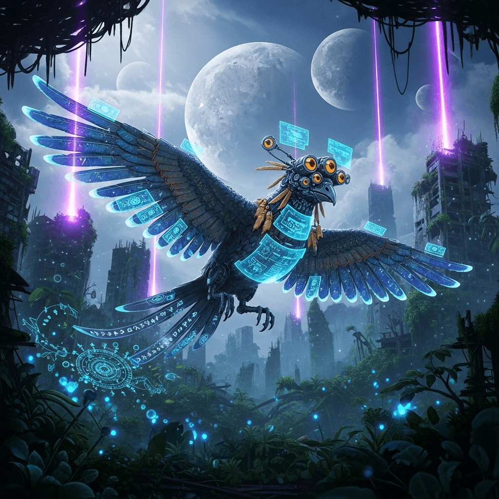 AI generated: Un pájaro cyber-chamánico del futuro postapocalíptico, con plumas hechas de hologramas y circuitos, ...
