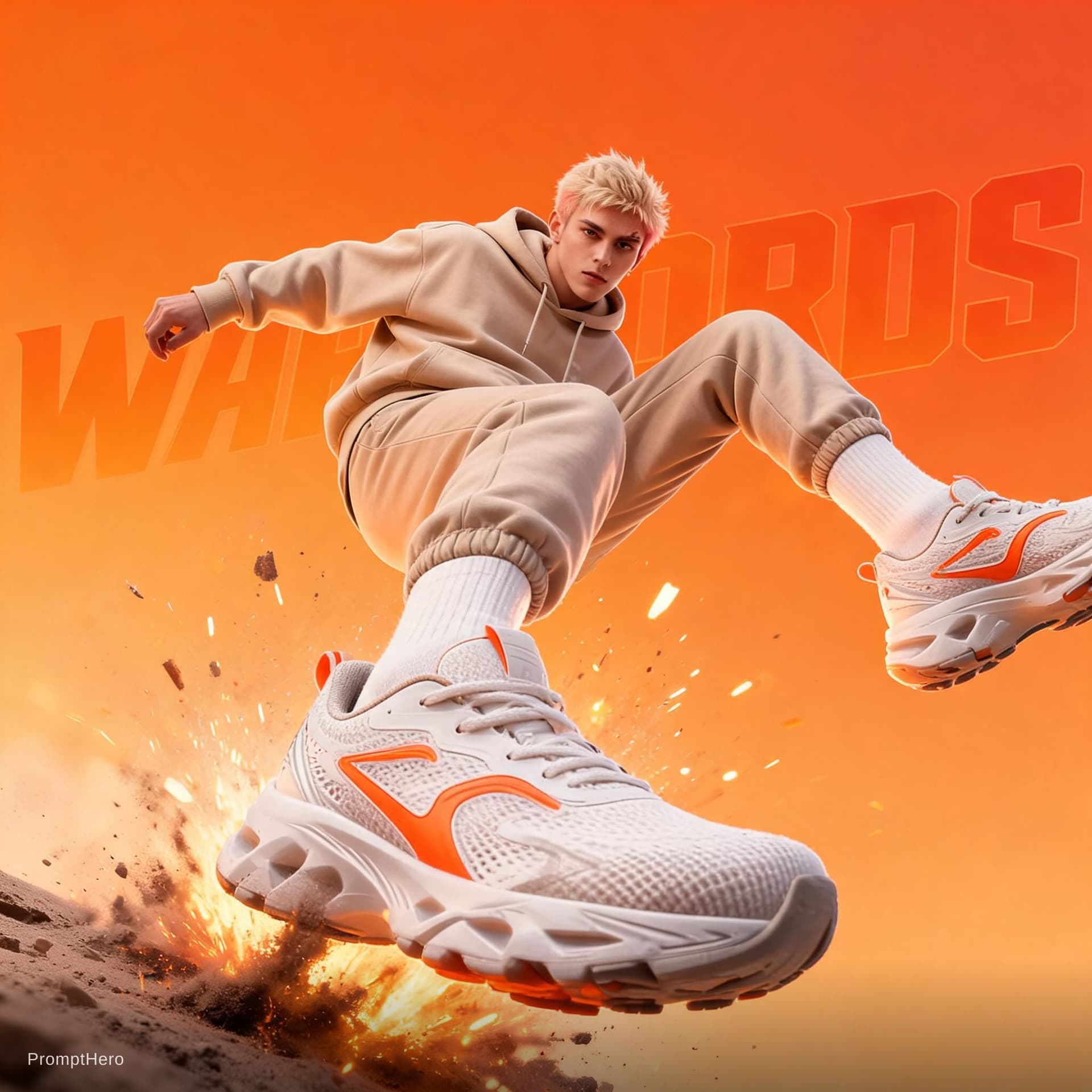 AI generated: A dynamic sportswear advertisement featuring a young athletic male model captured mid-air in an expl...