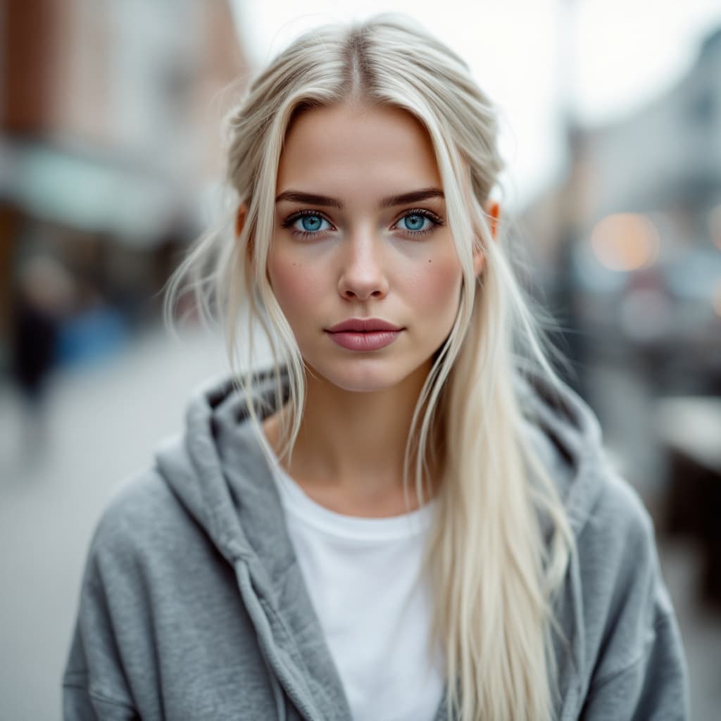 AI generated: A 30-year-old Scandinavian woman with striking blue eyes and long, straight platinum blonde hair tuc...