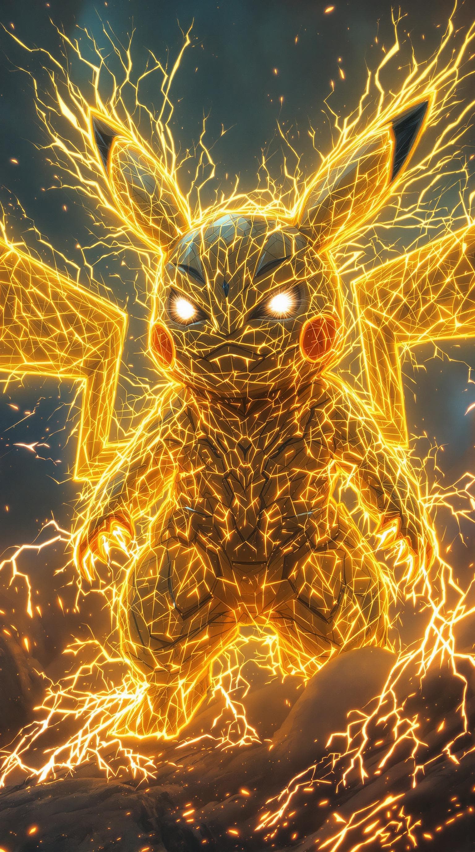 AI generated: Create an awe-inspiring masterpiece depicting a war-torn, godlike Pikachu transcending dimensional b...