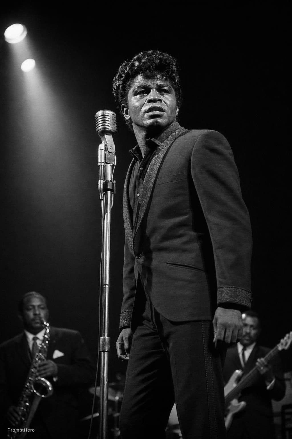 AI generated: James brown standing on stage at Apollo Theater in 1960 with his musicians in background., side ligh...