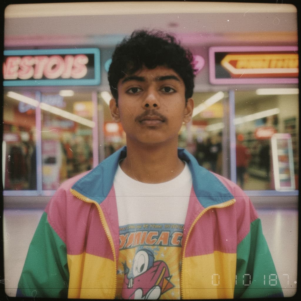 AI generated: Kooky portraits of 90’s mall teens in retro clothing, shot on VHS