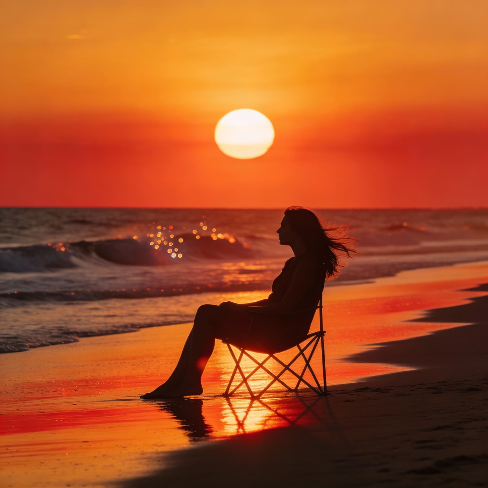 AI generated: cinematic seascape, warm color grading, long-lens compression, straight horizon, large sun near uppe...