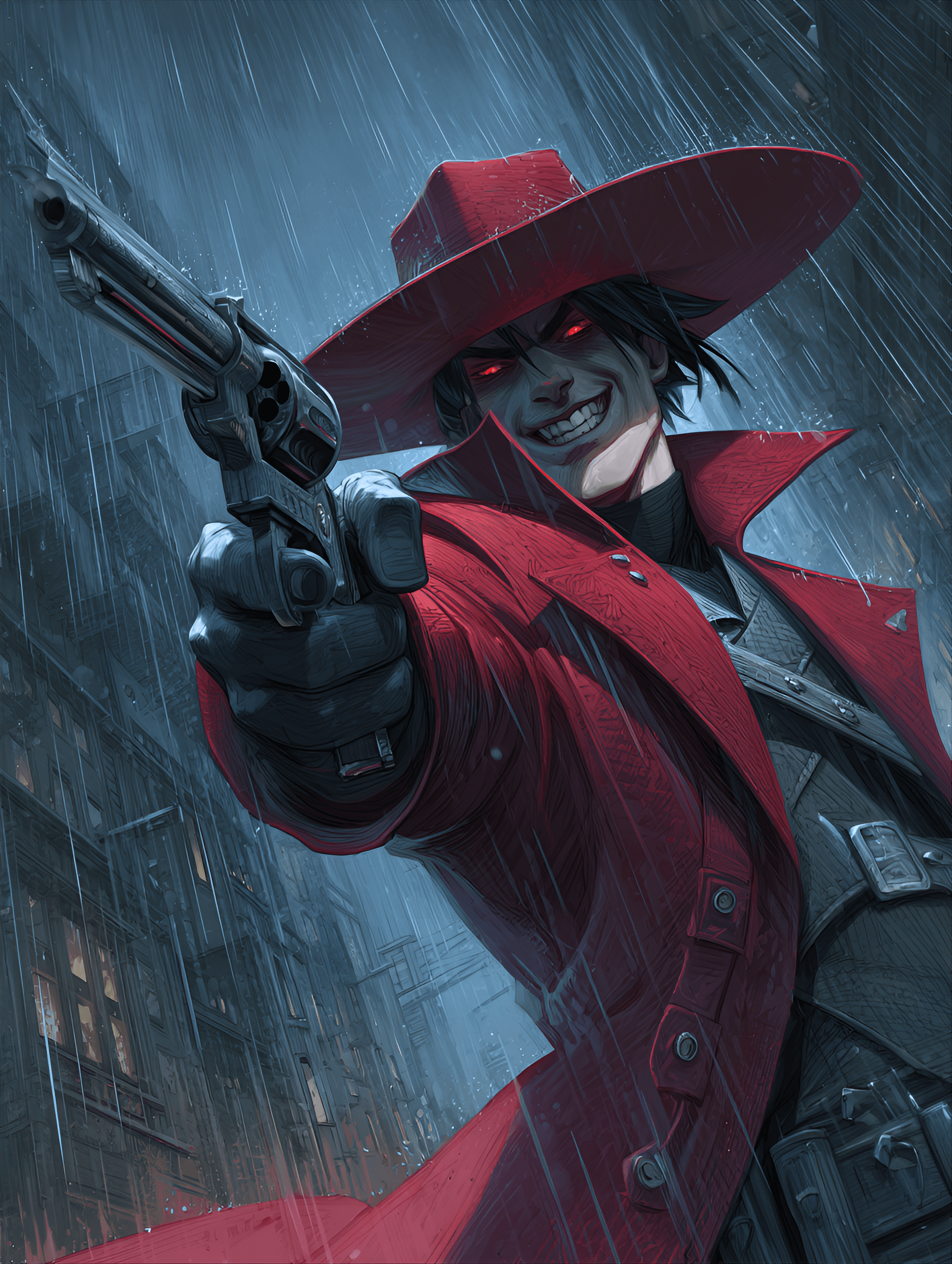 AI generated: Dark, stylish vampire villain with a large red hat, holding a revolver, detailed urban background,  ...
