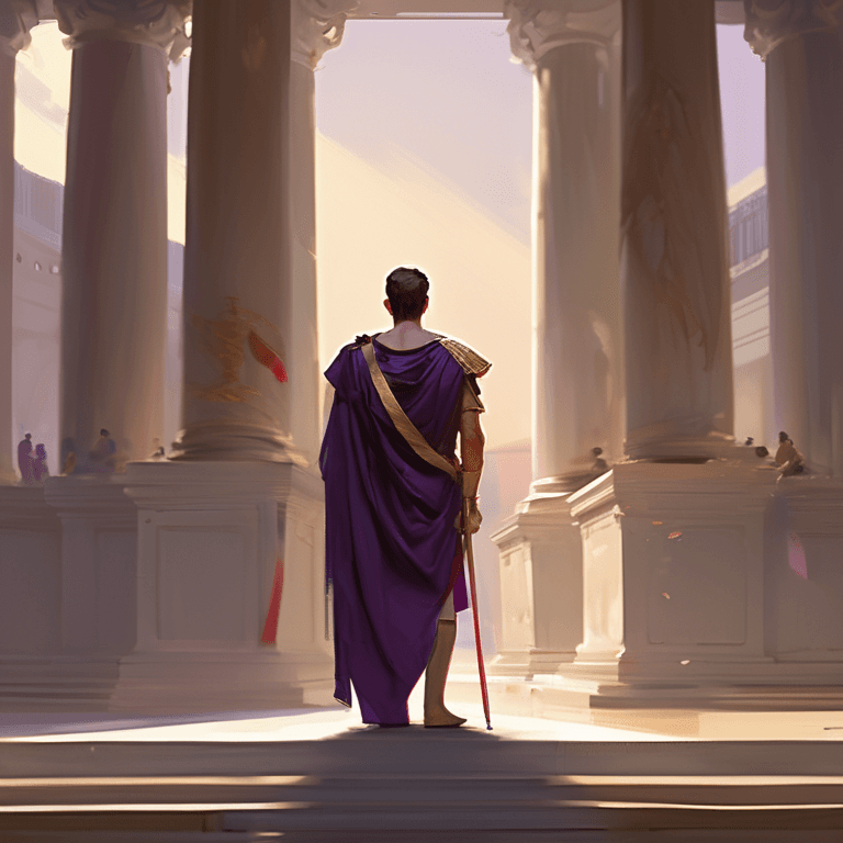 AI generated: Create an image of a distinguished Roman senator standing in a classical pose, The senator should be...