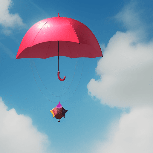 AI generated: An image of an umbrella flying in the air tied to a balloon