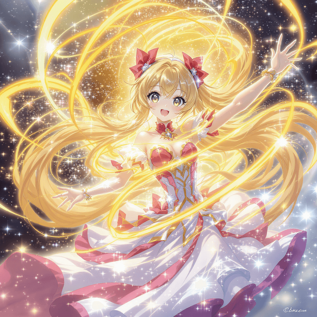 AI generated: masterpiece, best quality, anime illustration), magical girl transformation scene, glowing ribbons o...