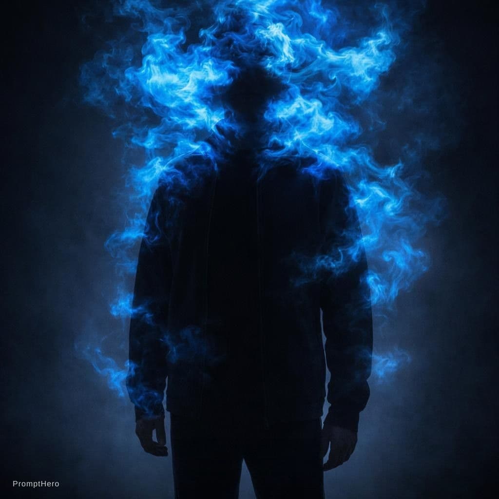 AI generated: photograph, front central shot, full-length, unknown gender figure, black and neon blue color palett...