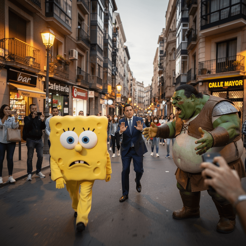 AI generated: Genera una imagen que parezca grabado por un móvil en una calle en la que aparezca Bob esponja andan...
