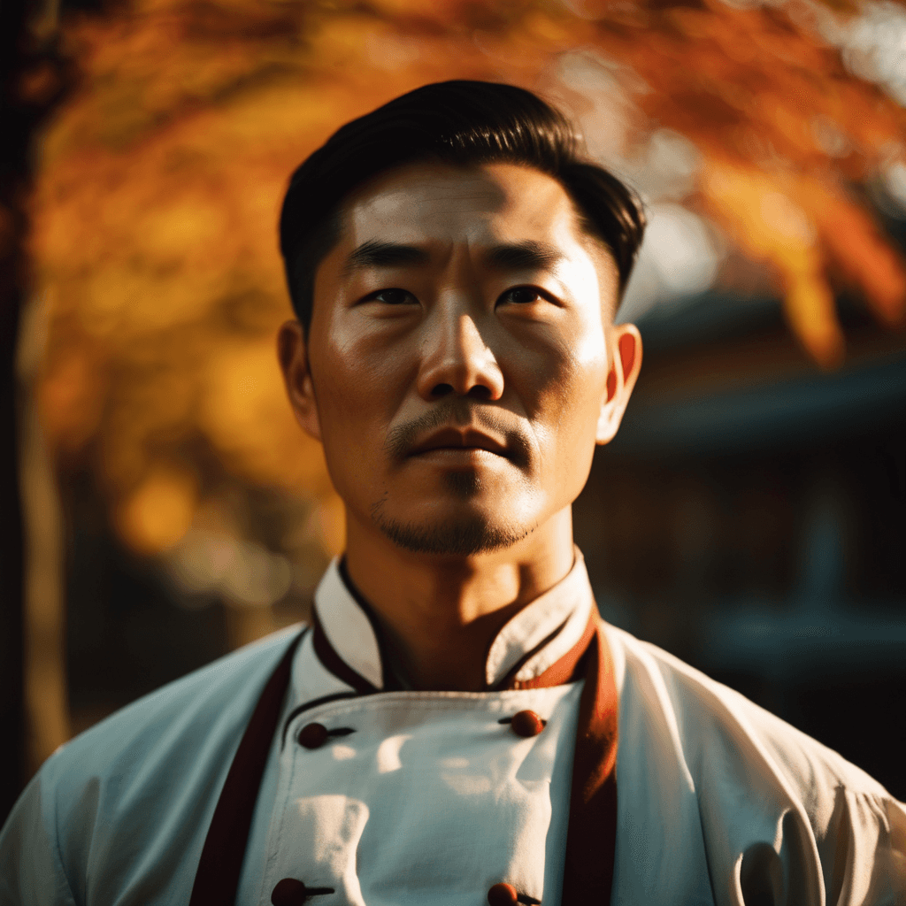 AI generated: A powerful portrait of a Korean chef in autumn, bathed in warm sunlight, with a cinematic haze. The ...