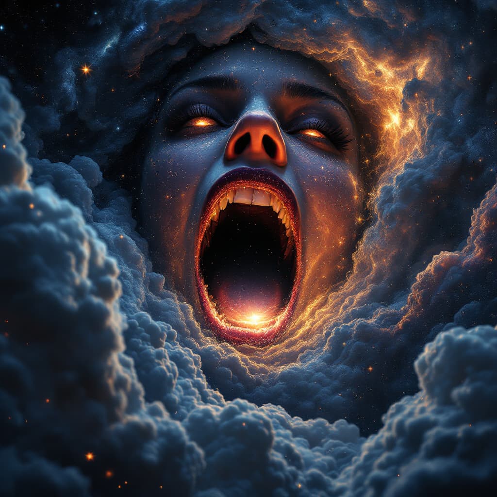 AI generated: enormous giantess bigger than a galaxy floating in space, minuscule galaxy in front of her mouth, ex...