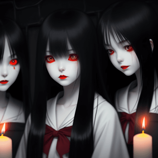 AI generated: score_9, score_8_up,[3girls], pale skin, grey skin, red lips, 2 vampire girls, sadako, sadako outfit...