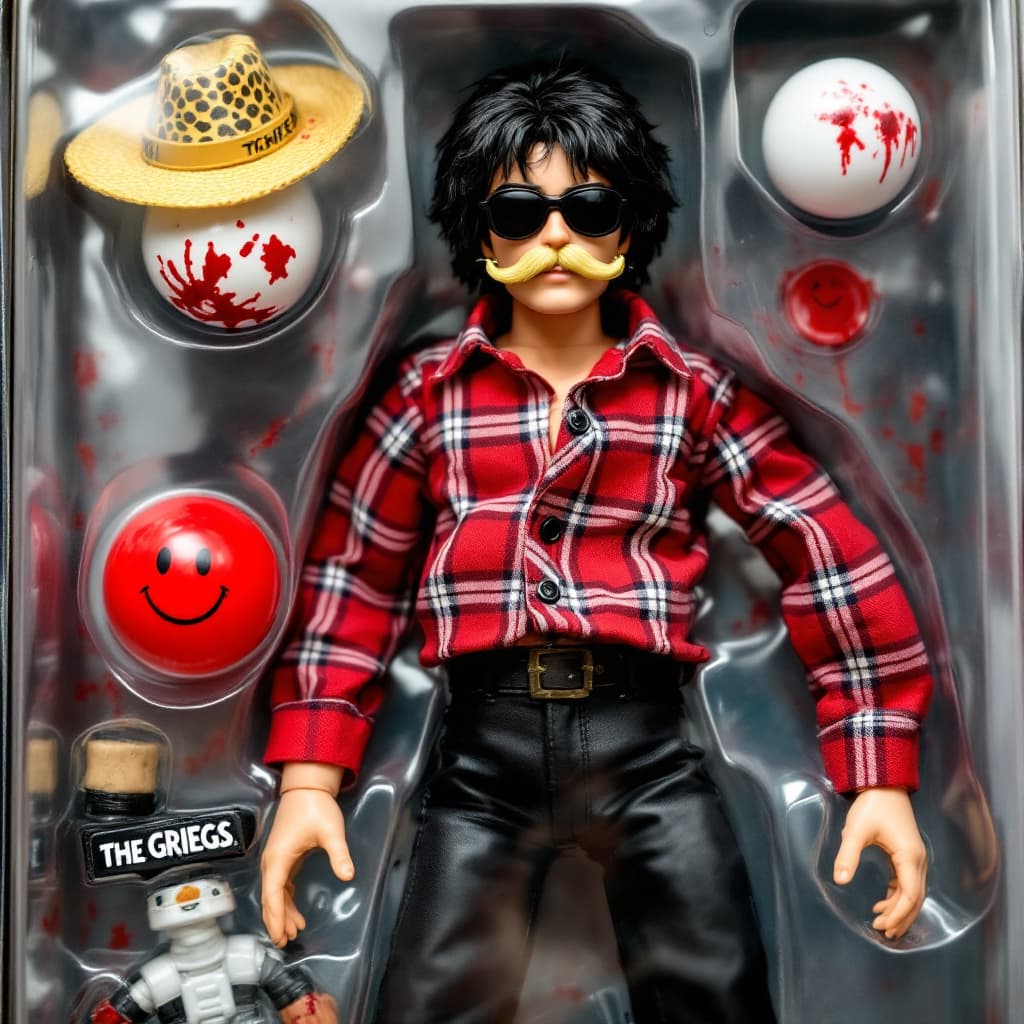 AI generated: 80s Kenner Star Wars toy , an action figure with dark hair, the doll toy wears black jeans, a red pl...