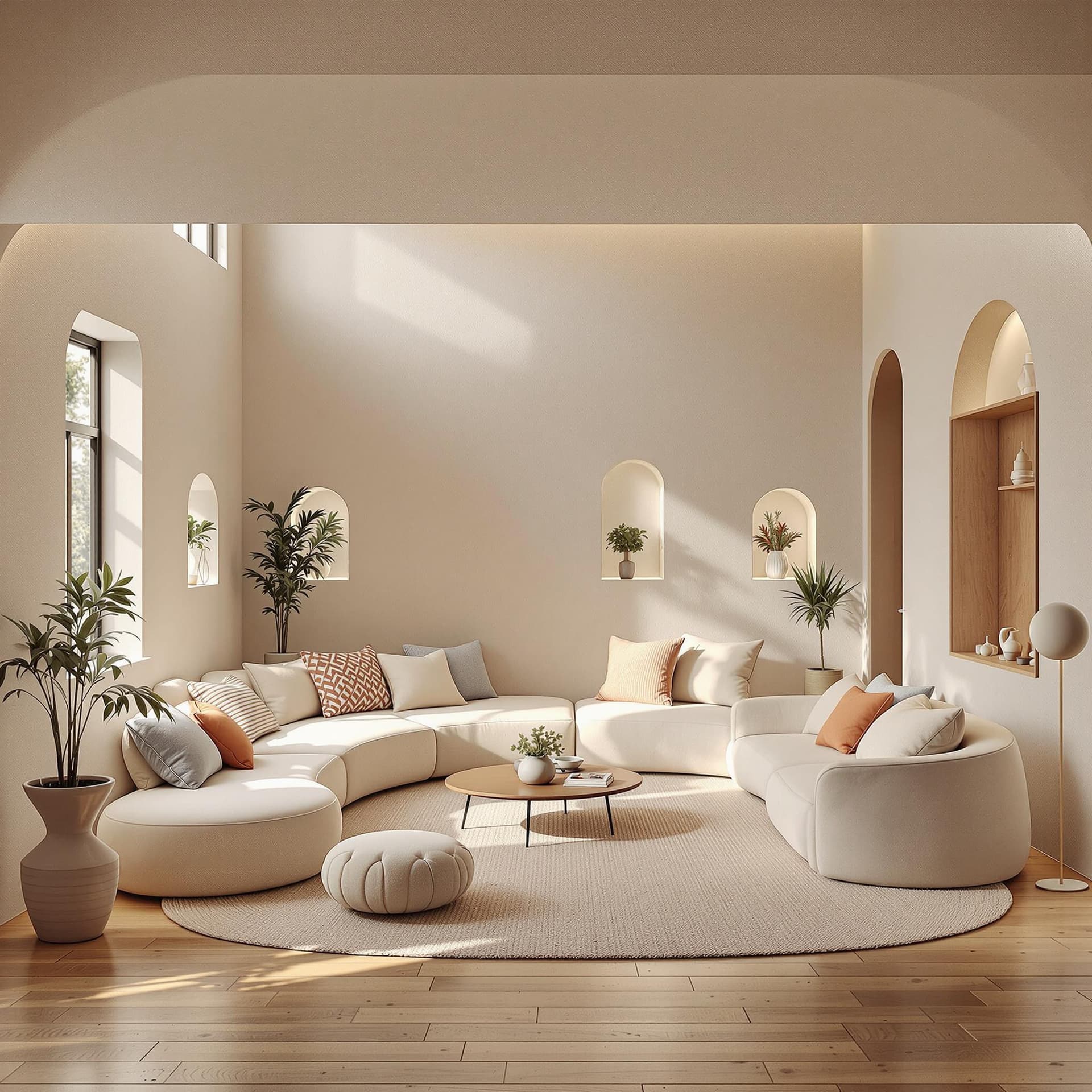 AI generated: High resolution photography interior design, dreamy sunken living room conversation pit, wooden floo...