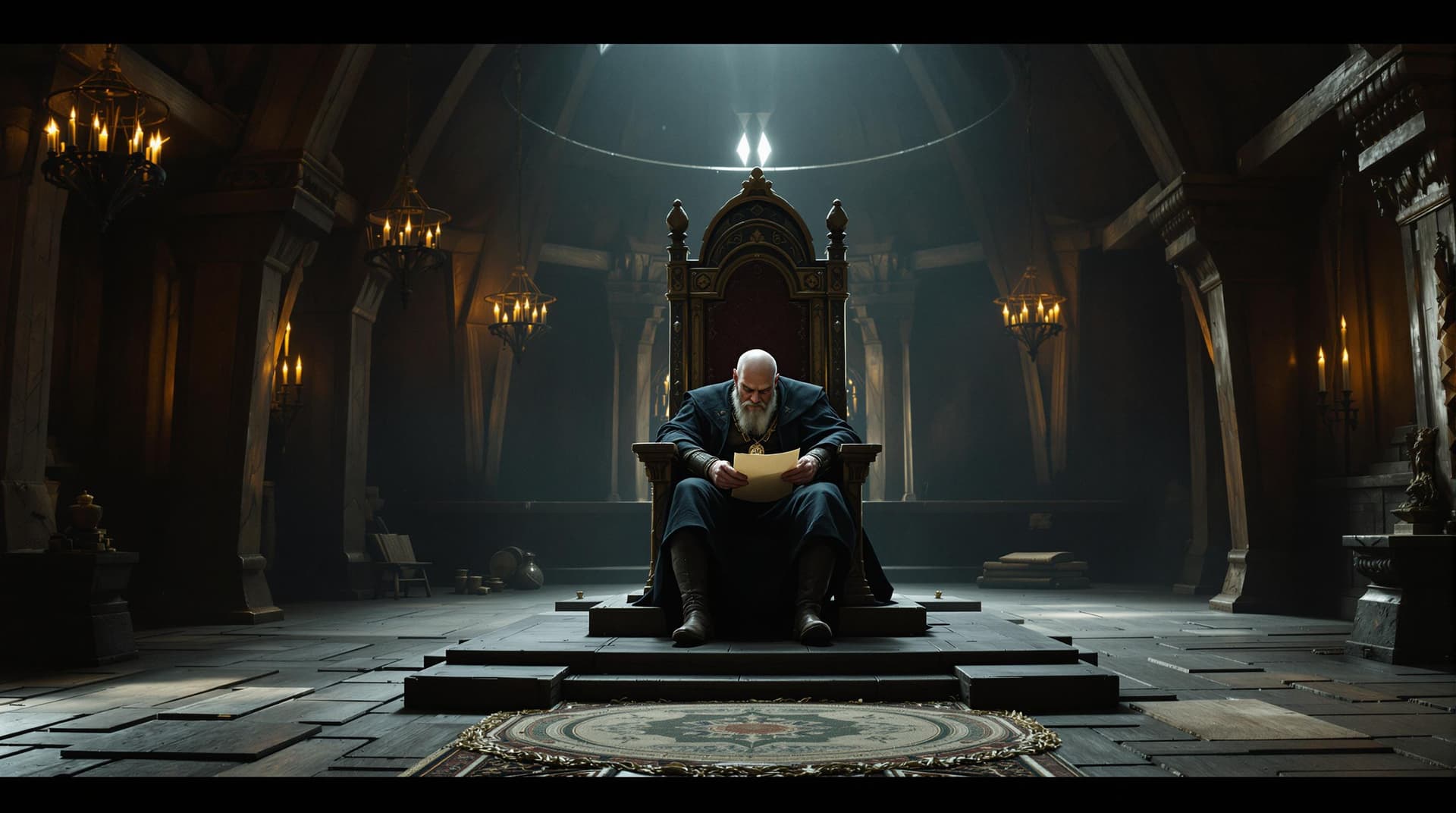 AI generated: Viking hall. In the distance platform with hunched Earl sitting on the wooden throne, reading papers...