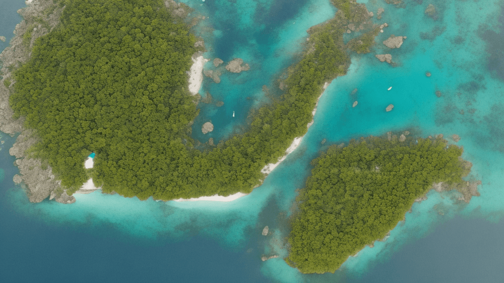 AI generated: bird's eye view of a simple island. most of the image is of the surrounding water. you can see the e...