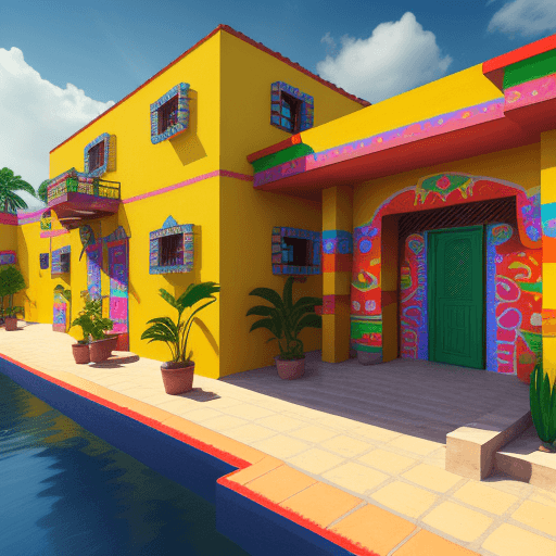 AI generated: Realistic Mexican style house, colorful modern hacienda with one side of the wall in murals naive me...