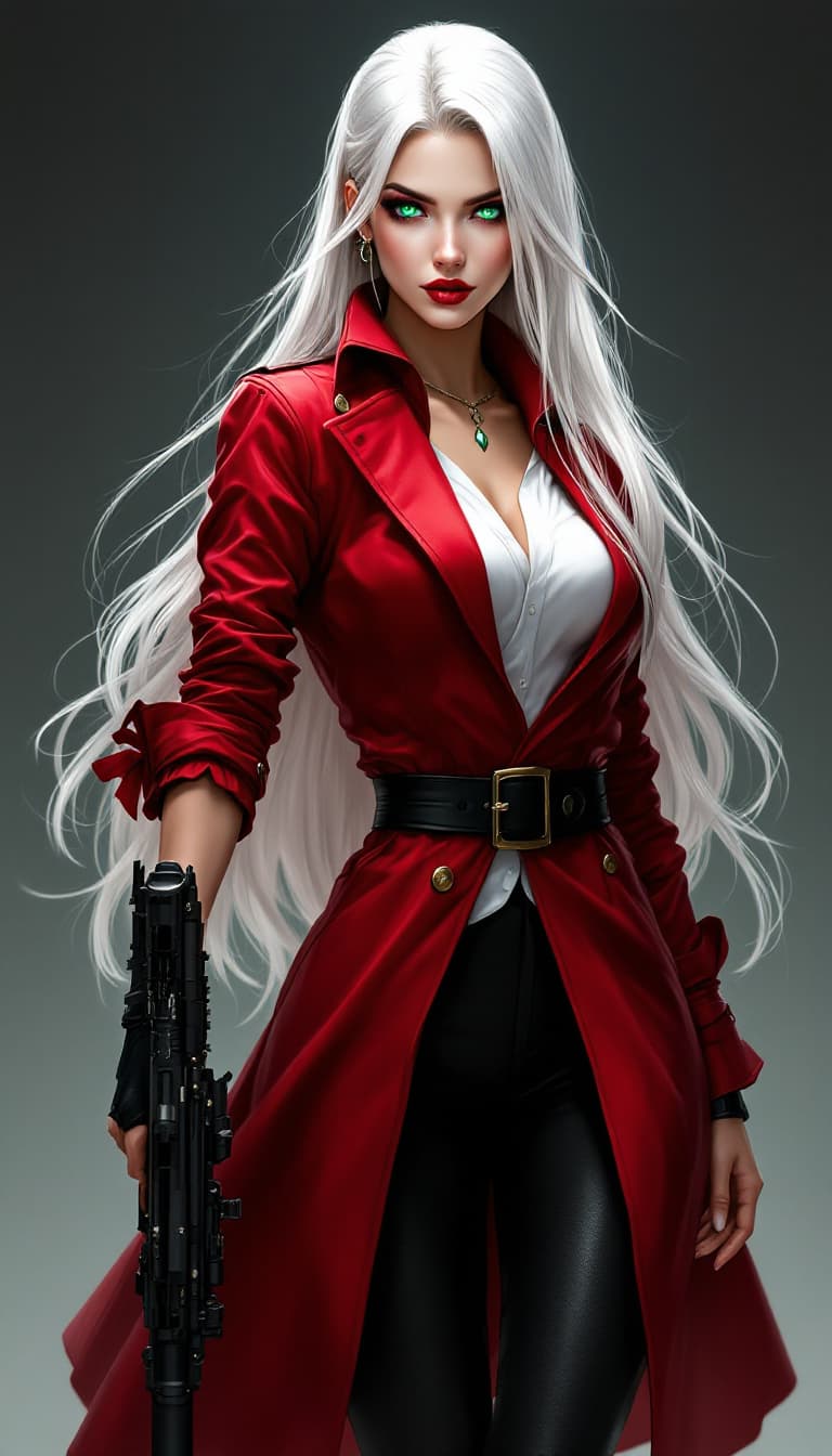 AI generated: "Crimson Vanguard with Emerald Gaze": A stunning digital art illustration showcases a female charact...