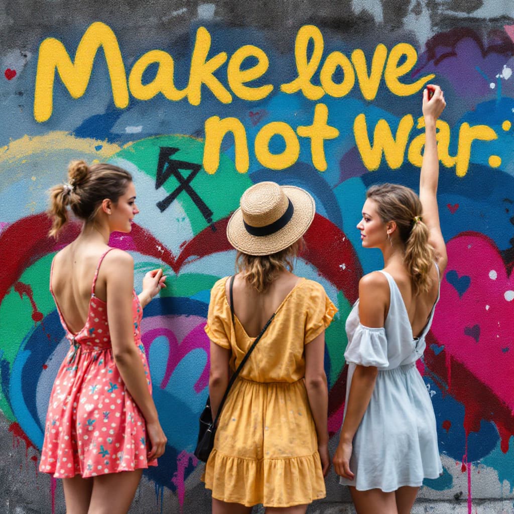 AI generated: Berliner Wall, ,3 woman protest in short summerdress ,"Make love, not war",coloured,paint grafitti o...