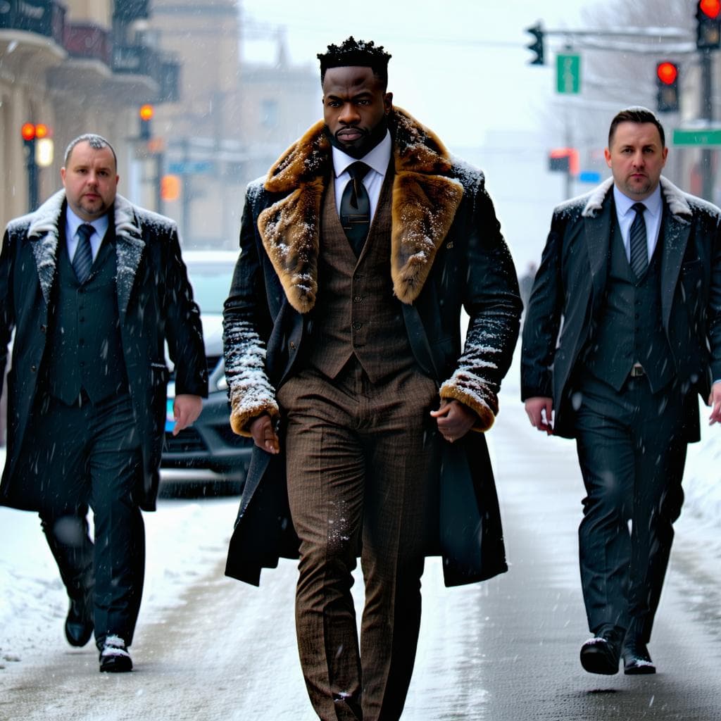 AI generated: A rich strong man, dressed in an expensive suit with fur, walking down the street in winter, accompa...