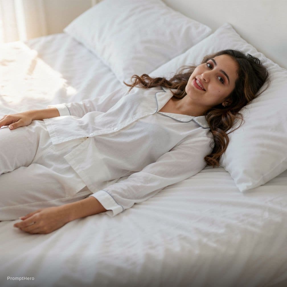 AI generated: Create a high-resolution photograph of a fit adult woman lying on her back in a bed covered with pri...