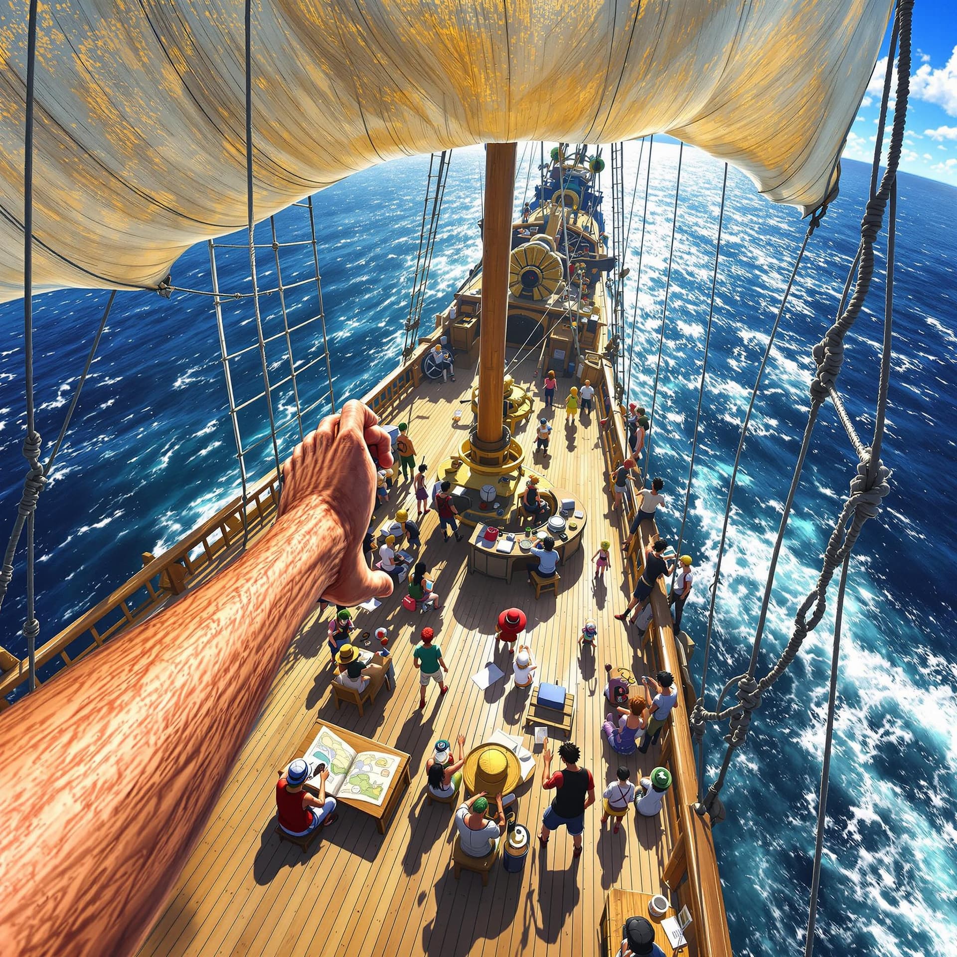 AI generated: POV shot of Monkey D. Luffy, his elastic hands stretching as he climbs to the top of the Thousand Su...