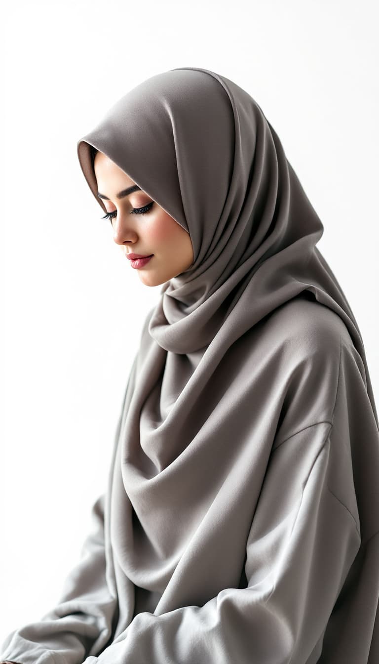 AI generated: modern very real woman in hijab looking at the carpet on the floor white background woman standing