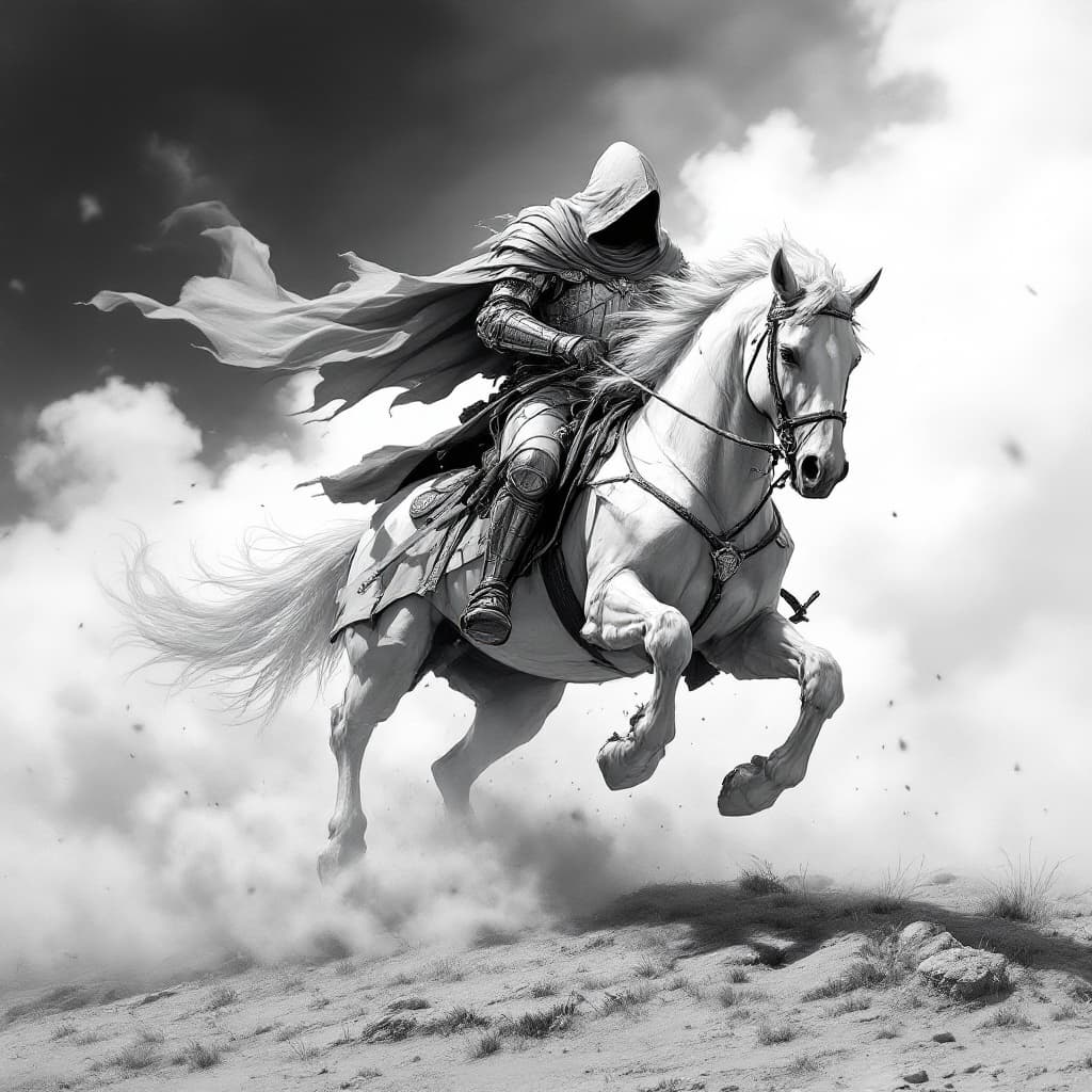 AI generated: Black and white art of a hooded knight riding his horse in full gallop, smoke around him, detailed, ...