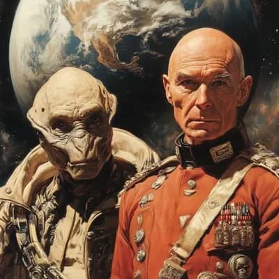 AI generated video: An alien and a space force commander look at the camera as the earth rotates behind them 