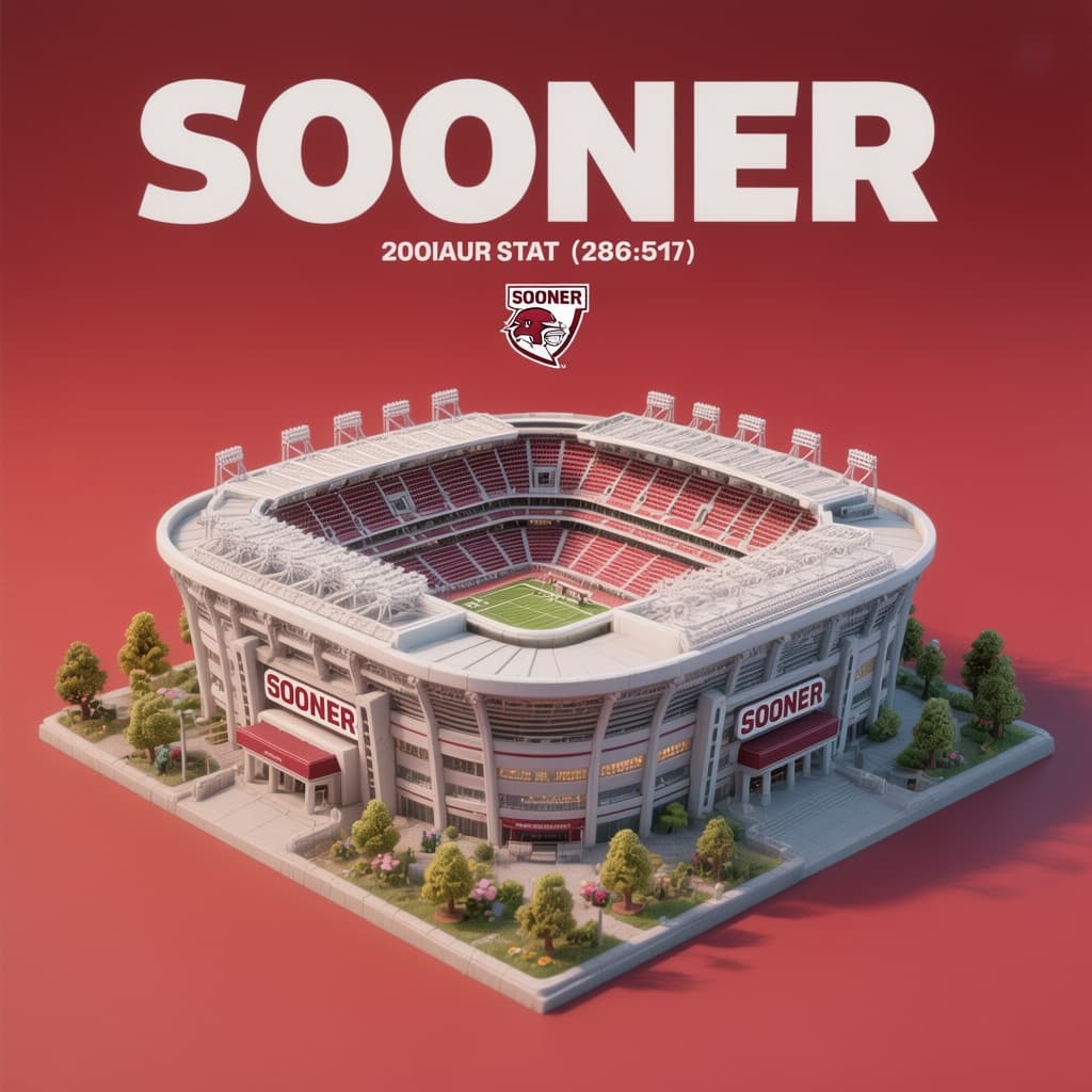AI generated: NanoBanana Prompt: Present a clear, 45° top-down isometric miniature 3D cartoon scene of SOONER Stad...