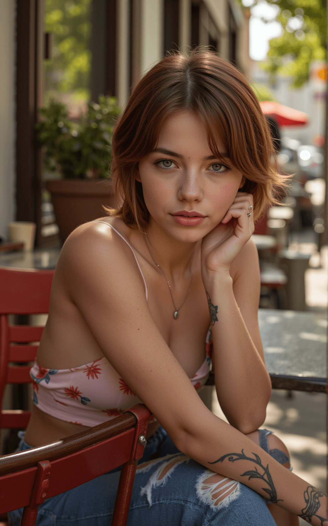 AI generated: A striking American woman sits at an outdoor coffee shop at noon, her slender and graceful build emp...