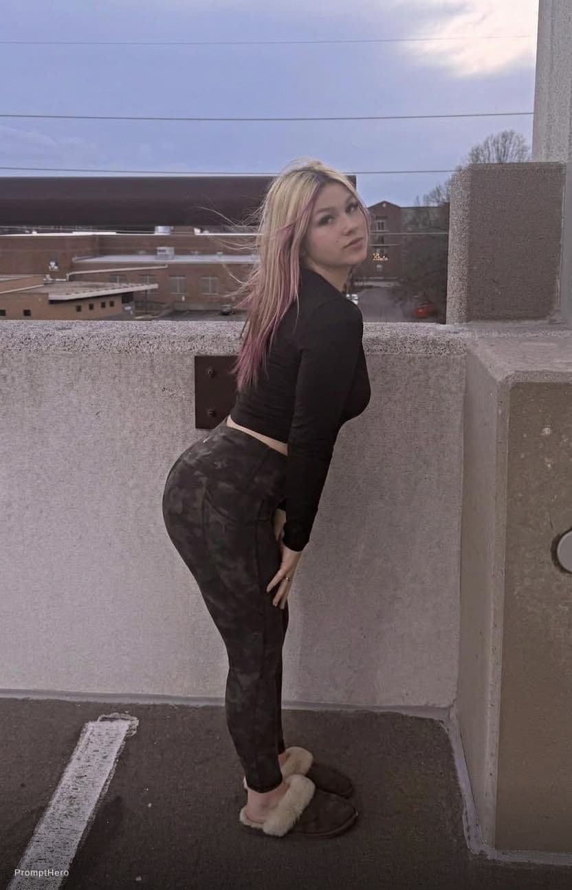 AI generated: Make woman in photo bending over forward. Looking back at camera