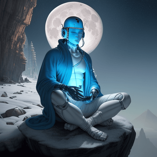 AI generated: Create a detailed description of a futuristic, cybernetic monk meditating on a snowy and rocky cliff...