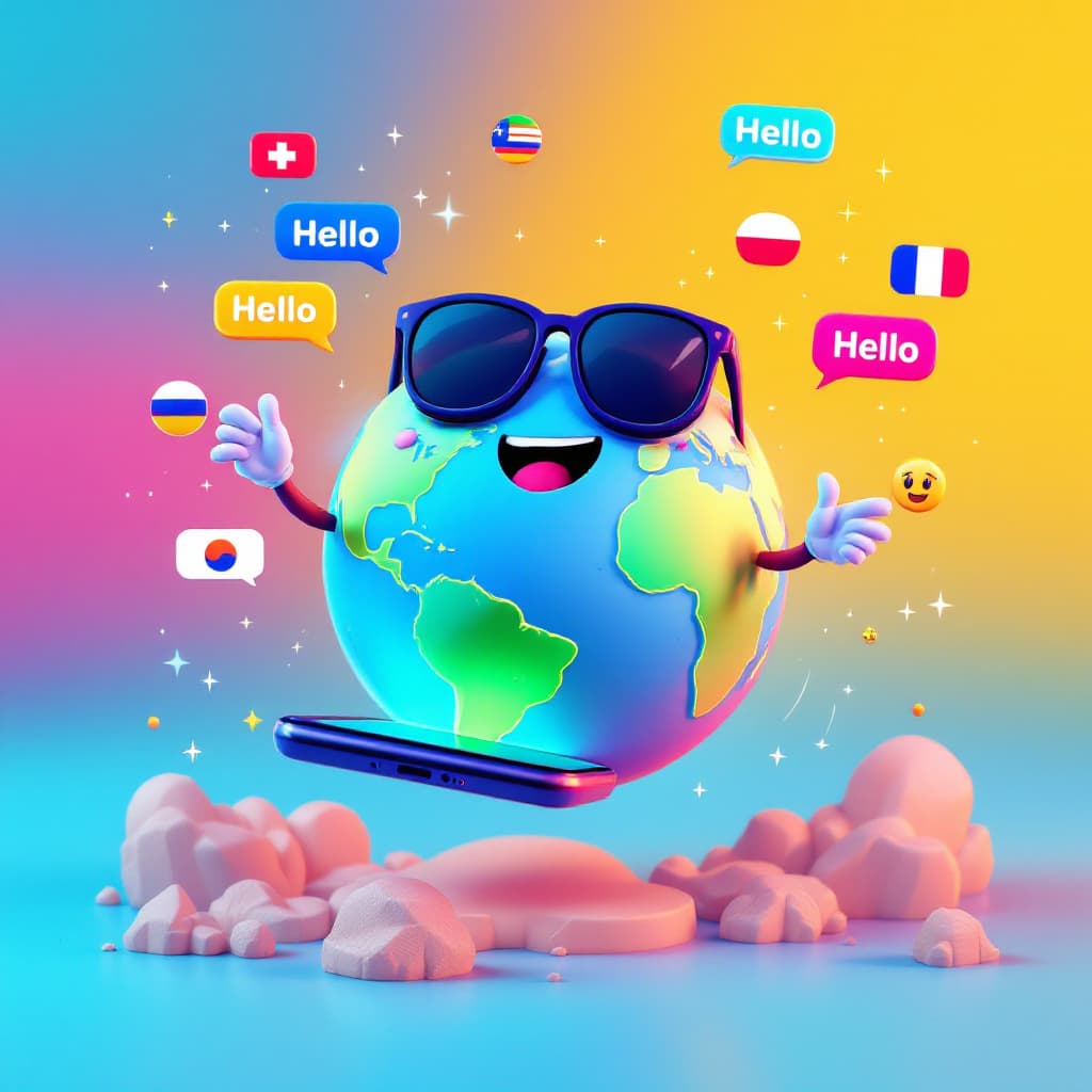 AI generated: "A vibrant 3D cartoon Earth wearing sunglasses, sending SMS bubbles from a floating smartphone, colo...