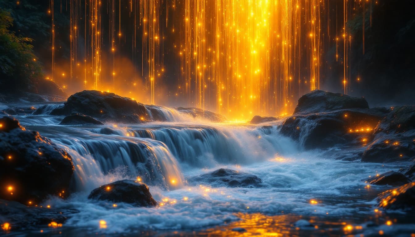 AI generated: waterfall wi

. golden rain is falling down only light from the heart is shaning
 hovering above gol...