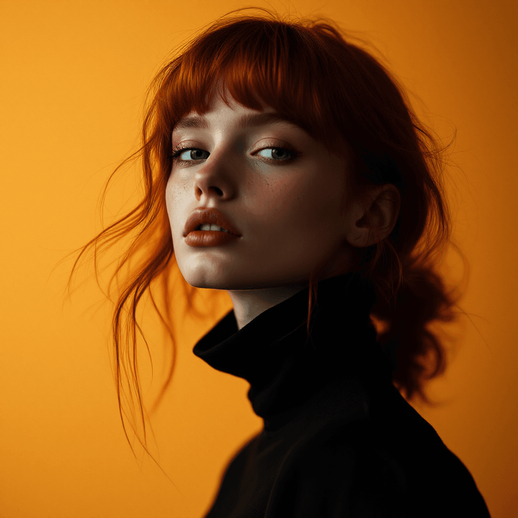 AI generated: fashion editorial photography, front shot, upper body, professional female model, young redhead, red...