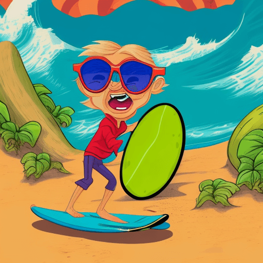 AI generated: a cartoon tshirt deign in disney style of a playful beach scene with a surfing avocado riding a wave...