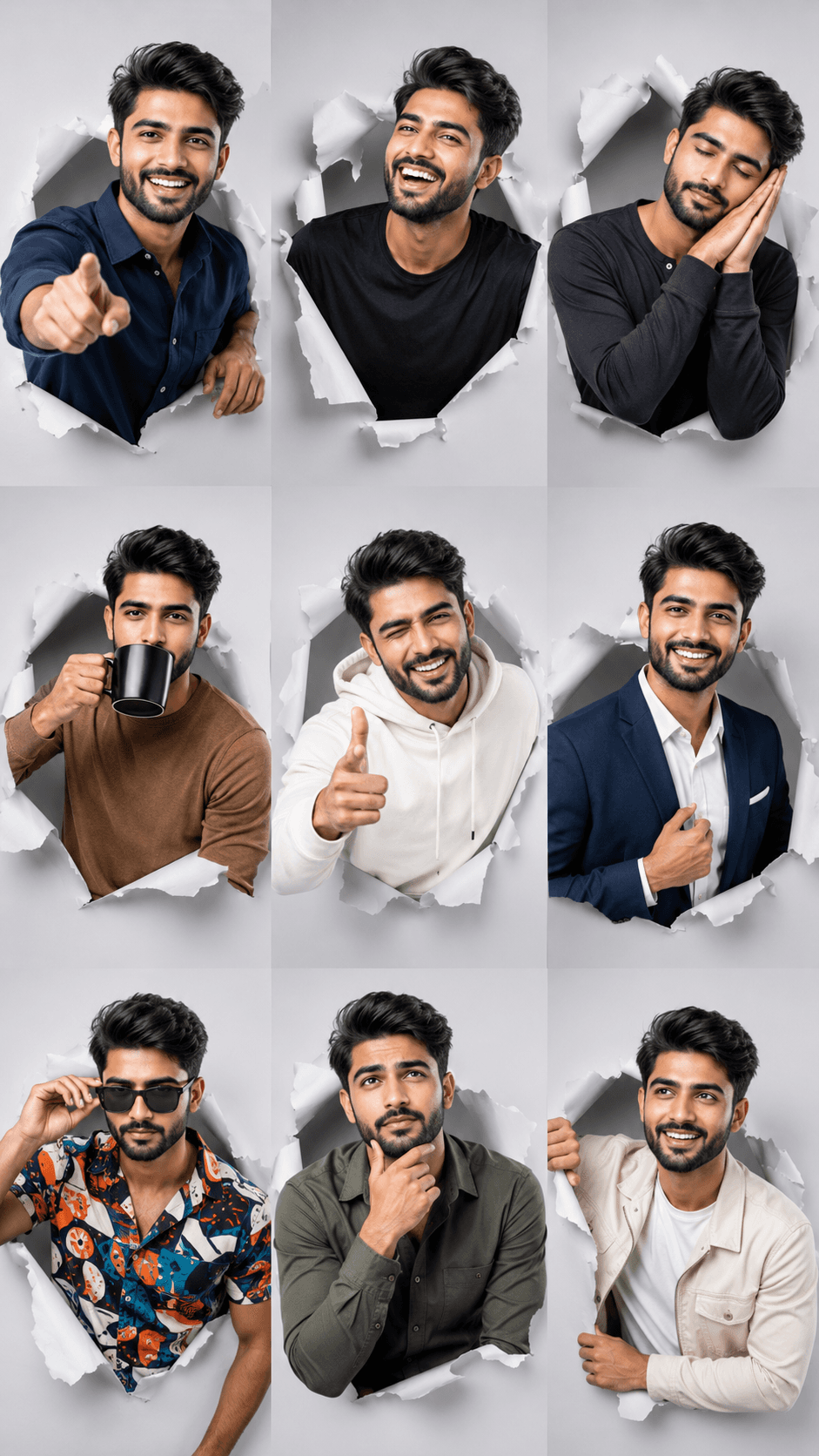 AI generated: Generate a hyper-realistic, 9:16 studio-style collage featuring an adult man  (facial match to the u...