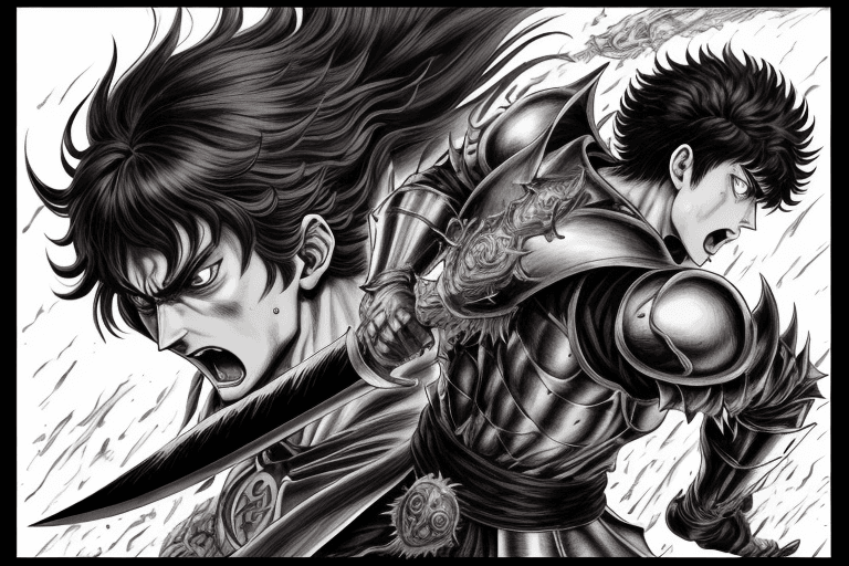 AI generated: monochrome, a man with big eyes, brown hair with tuft, in golden armor, manga, ((without helmet)), b...