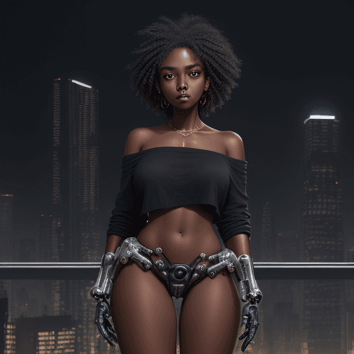 AI generated: masterpiece, dynamic pose, a gorgeous (dark skin) girl over a future cityscape, depth of field, over...
