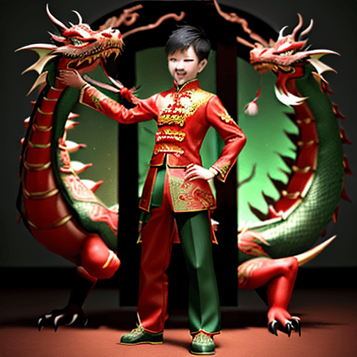 AI generated: a chinese boy is standing in front of a lunar new year dragon, in the style of digital painting, int...