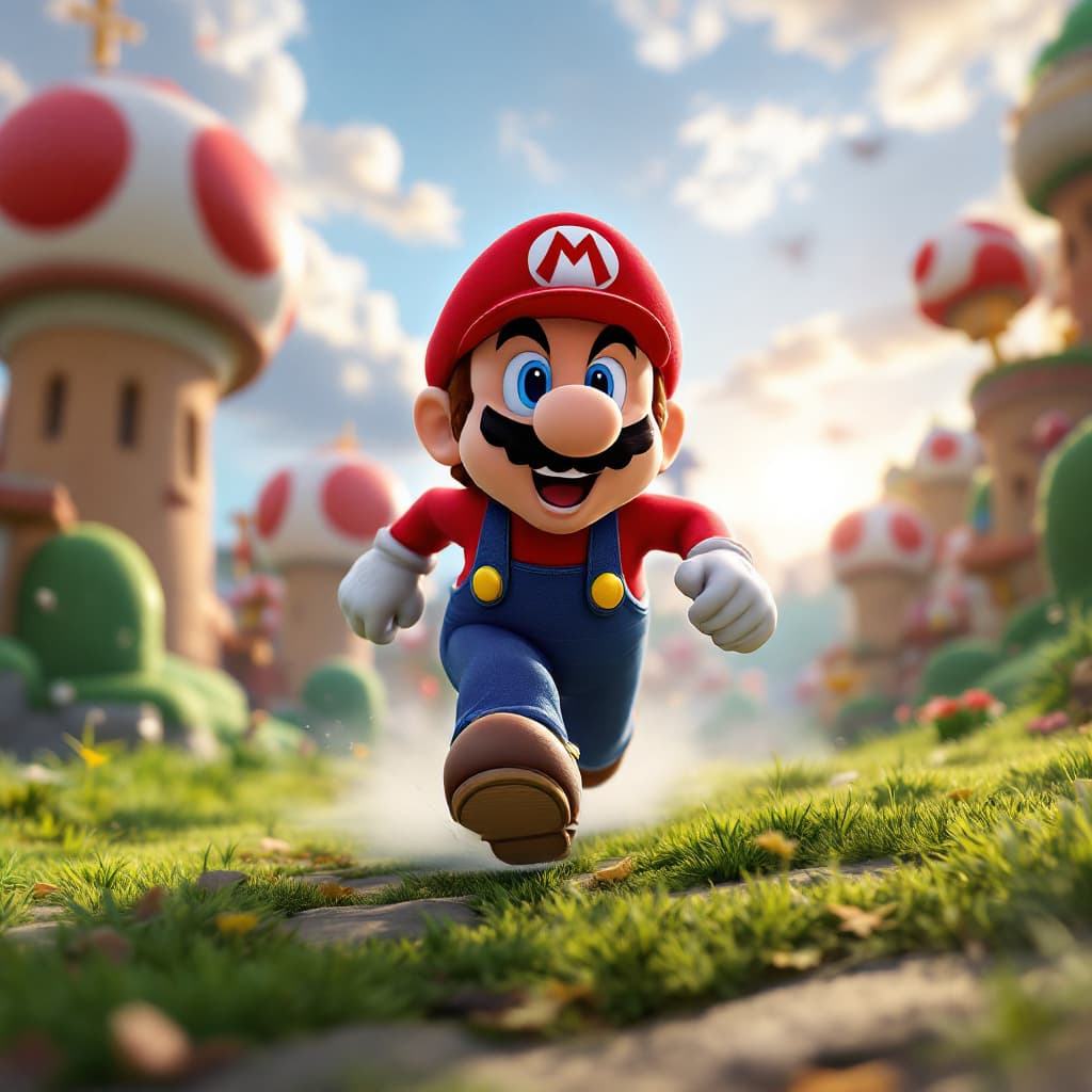 AI generated: Super-Mario running, Mushroom Kingdom background, 32k, closeup, trending on polycount 3D, game, cine...
