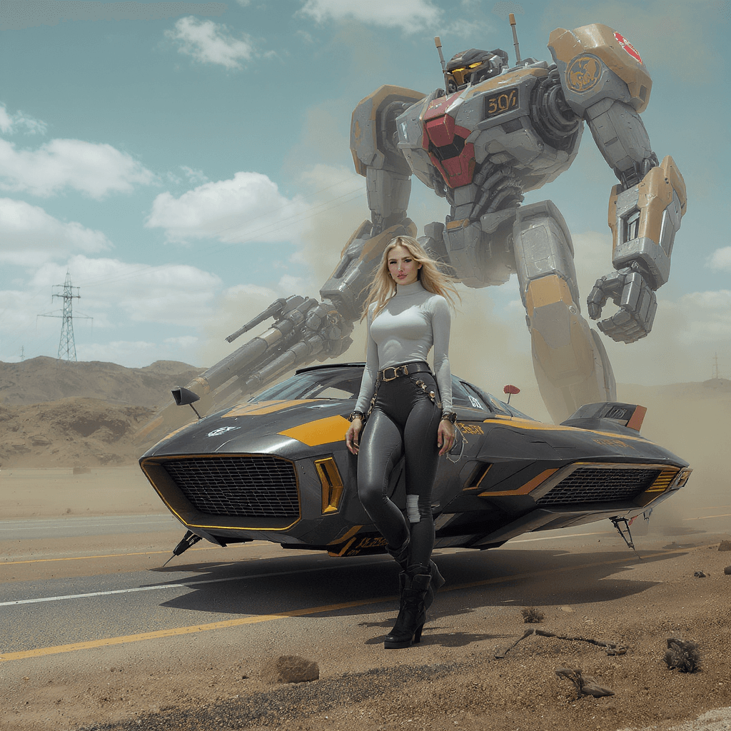 AI generated:  Syd Mead style futuristic cyber dieselpunk hovercraft, full body shot of beautiful European young b...