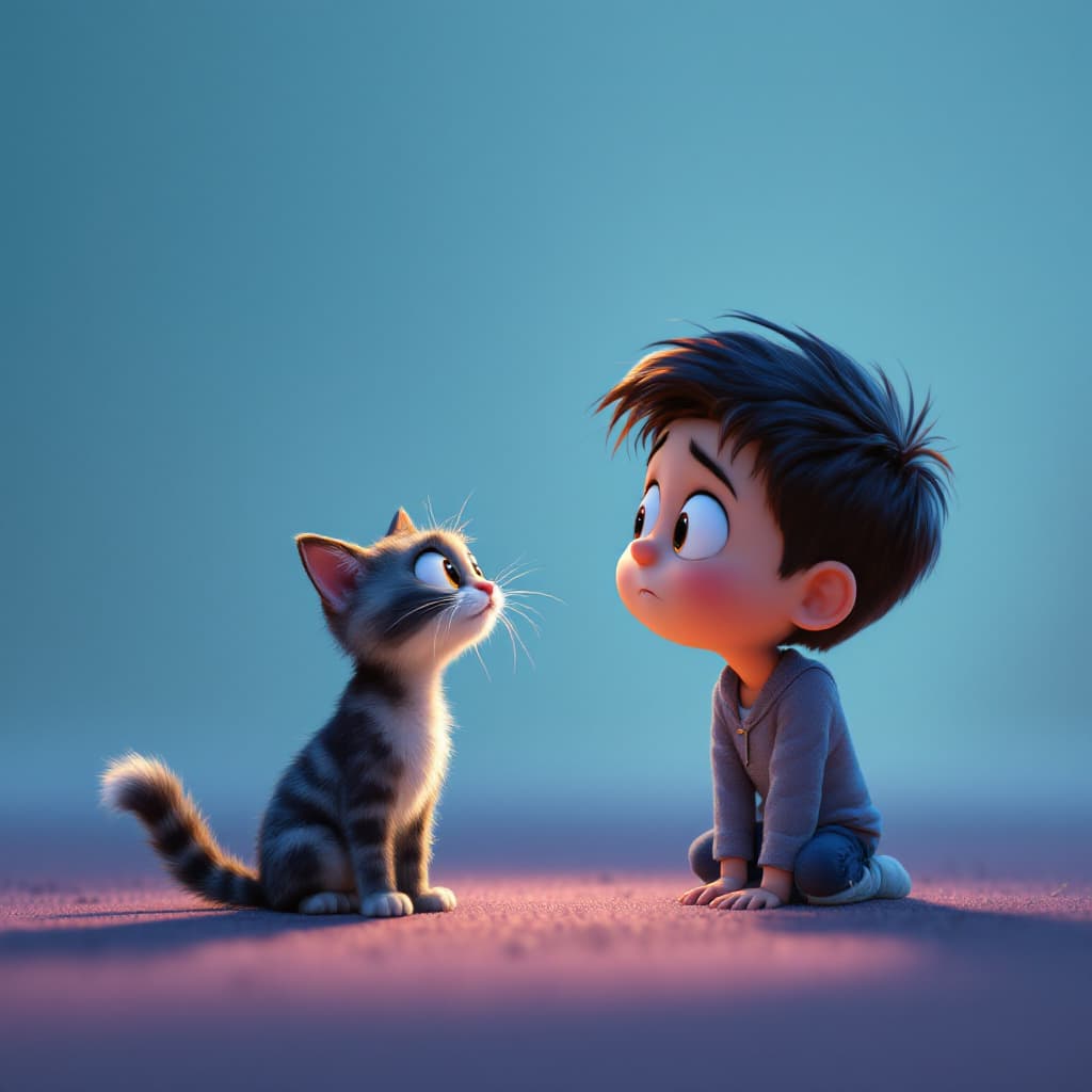 AI generated: A YOUNG BOY AND HIS CAT, LOOKING AT EACHOTHER IN CONFUSION, IN THE STYLE OF PIXAR
