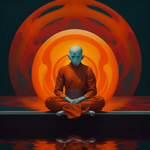AI generated: a monk in orange sitting by the water, in the style of casey weldon, ben templesmith, colorful turbu...